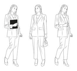 Stylish Female Executive Holding a Briefcase, Businesswoman holding bag. Woman illustration in line art style.