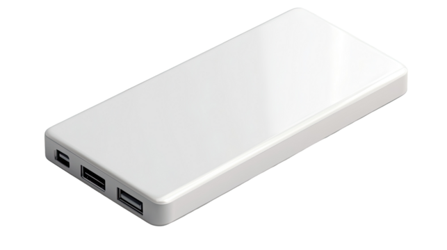 Power Bank's Edge: A crisp, contemporary aesthetic features a slim, white power bank, ready to revitalize any tech gadget with its charge.