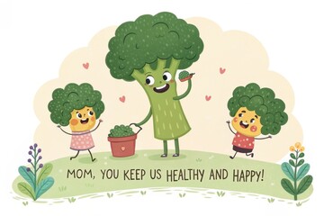 Celebrating healthy eating with broccoli in a cheerful family garden scene full of joy and love. Generative AI