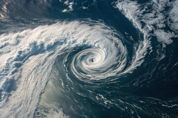 Swirling tempest over the ocean captures the intensity of a powerful storm system at midday. Generative AI