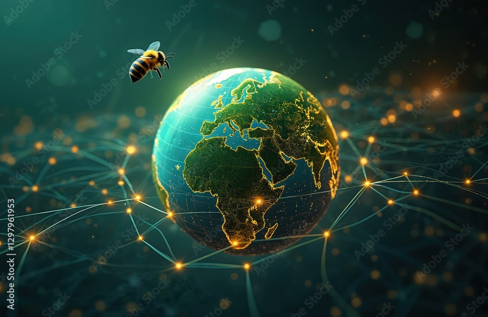 Aufkleber planet earth covered with web of light connections. bee flying around globe with continents. interna