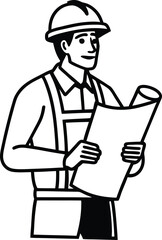 Construction Engineer Silhouette Worker Checking Blueprint