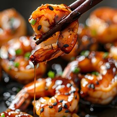 Naklejka premium Chopsticks Lifting Shrimp with Sauce Dripping Back onto Plate