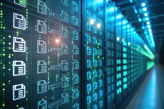 Futuristic data center illuminated by blue and green lights showcasing digital files and advanced technology. Generative AI