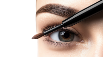 Beauty's Brushstroke: A close-up shot of an eye with a brush in the process of applying makeup to the lower eyelid and eyebrow, showcasing the artistry and transformation. 
