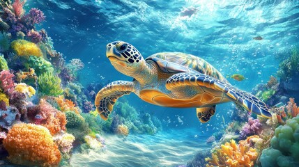 Fototapeta premium Sea turtle swimming in vibrant coral reef. (1)