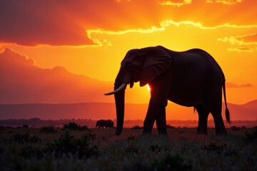 Fototapeta premium Giant elephant shadow on the savannah at dusk, large, savannah, wildlife