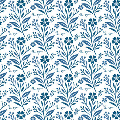 bohemian seamless blue floral pattern with soft floral swirls for trendy women’s tops and stylish fashion products

