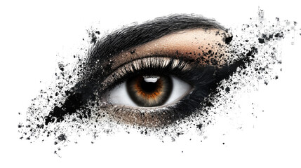 Ethereal Gaze: An eye, intensely captivating, framed by artistic makeup and an expressive allure that tells a story, offering a mesmerizing glance. 