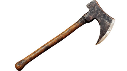 Rustic Axe: A weathered axe with a wooden handle, showcasing the wear and tear of time, lying on a flat surface.