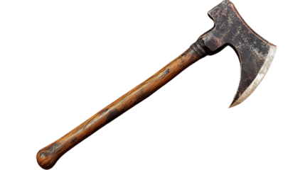 Rustic Axe: A weathered axe with a wooden handle, showcasing the wear and tear of time, lying on a flat surface.