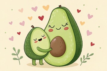 Charming avocados celebrating a warm embrace in a playful and loving atmosphere with colorful hearts. Generative AI