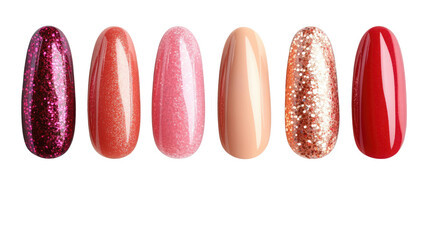 Nail Polish Palette: An assortment of vibrant nail polish swatches showcases a spectrum of shades, from glittery to matte, ready to inspire beauty and style.