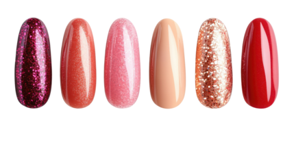 Nail Polish Palette: An assortment of vibrant nail polish swatches showcases a spectrum of shades, from glittery to matte, ready to inspire beauty and style.