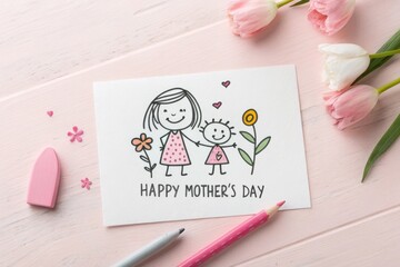 Heartwarming Mother's Day card with cheerful drawings and fresh flowers on a pastel surface. Generative AI