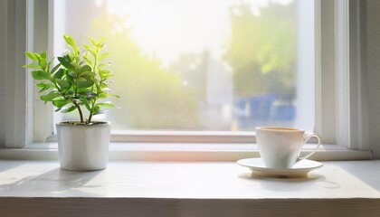 카페 창가, 테이블 위에 커피 한 잔과 작은 화분이 놓여 있는 조용한 분위기