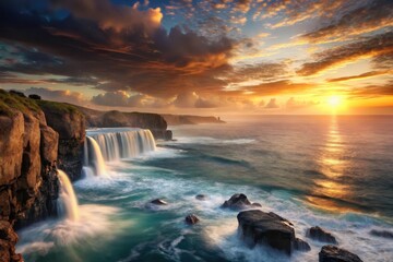 Majestic waterfalls cascade into the ocean while the sun sets over the horizon creating a breathtaking evening display. Generative AI