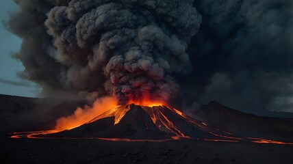 volcanic eruption with molten lava flowing down the slopes and thick black smoke billowing into the sky, creating a striking contrast against the darkened landscape.