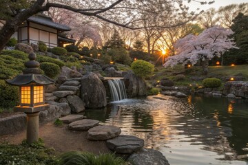 Soft cherry blossoms bloom near a tranquil pond as sunlight glimmers through the branches during a peaceful sunset stroll. Generative AI