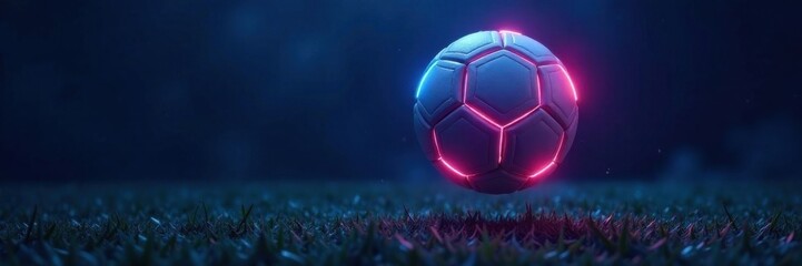 Glowing neon soccer ball suspended in mid-air over dark blue background with soft focus effect, near field photography, soccer ball, abstract sports