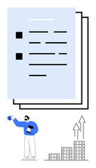 Businessman analyzing documents while holding a clipboard, with a stack of buildings and upward arrows. Ideal for finance, success, strategy, growth, management, planning, abstract line flat metaphor