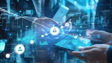 Colleagues collaborating on data processing with digital diagrams and tablets in a modern office environment, data processing and diagrams over diverse colleagues discussing work - Powered by Adobe