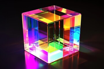 Colorful glass cube reflecting light on dark background.