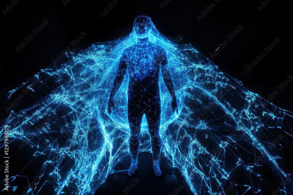 Poster visualizing the complexity of human form through a dazzling network of blue light and digital connec
