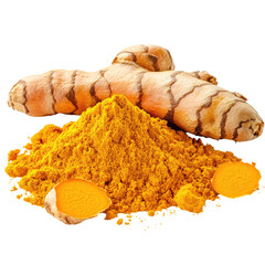 Turmeric powder and turmeric root isolated on transparent background,