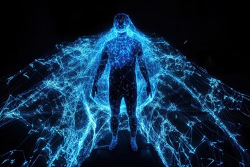 Naklejka premium Visualizing the complexity of human form through a dazzling network of blue light and digital connections. Generative AI