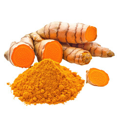 Turmeric powder and turmeric root isolated on transparent background,