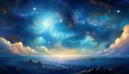 Fototapeta premium A digital painting of a starry night sky over a calm ocean, with swirling clouds and glowing stars, creating a serene and enchanting atmosphere.