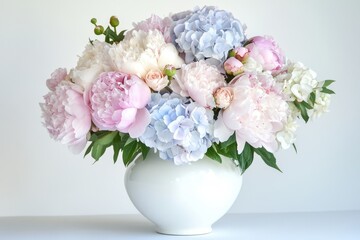 Elegant floral arrangement featuring pink and blue blooms in a pristine white vase on a soft background. Generative AI
