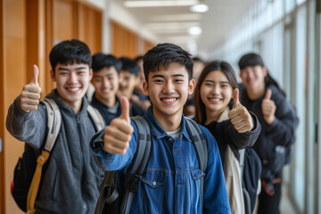 Obraz premium group of young people are smiling and giving thumbs up in a hallway. They are wearing backpacks and jackets