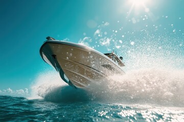 Obraz premium Adventure on crystal blue waters with a sleek speedboat racing through foamy waves under a radiant sun. Generative AI