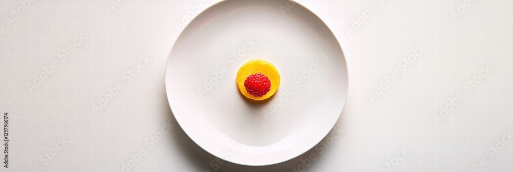 Poster Delicious tart with raspberry topping served on a white plate in a minimalist setting. Generative AI