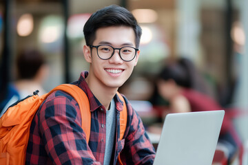 Asian young man wearing glasses and an orange backpack is smiling and holding a laptop. He is happy and relaxed, possibly enjoying his time at a cafe or a similar setting