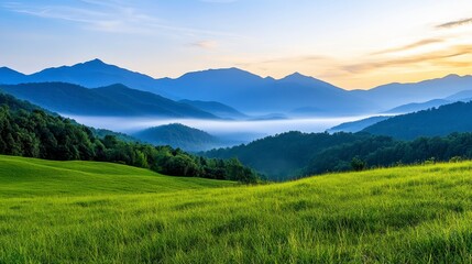 Fototapeta premium Serene Mountain Landscape at Dawn with Mist and Lush Green Fields