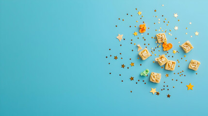 Overhead View of Croutons and Golden Star Confetti on a Blue Background