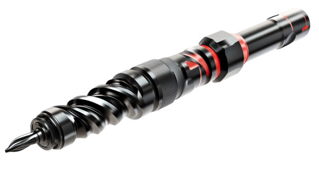 Industrial Drill Head: Close-up studio shot of a powerful black and red drill head, showcasing its robust design, intricate mechanics, and sharp drill bit, representing precision, construction.