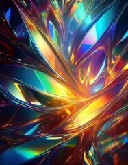 A distorted glass effect with prismatic colors reflecting light in an abstract manner, creating a vibrant and dynamic play of colors and shapes.