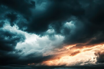Obraz premium Dramatic clouds clash in a vibrant display over the horizon at twilight revealing nature's fierce artistry. Generative AI