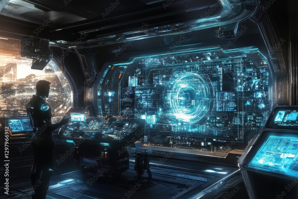 Poster exploring a futuristic command center filled with advanced technology and holographic displays in de