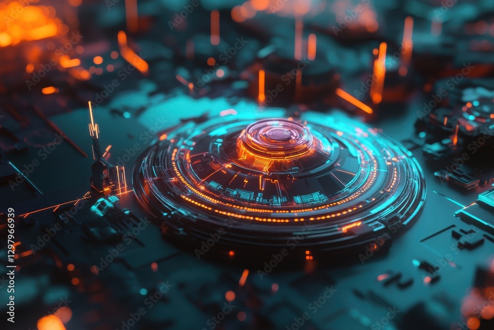 Poster futuristic circuit landscape with glowing elements and intricate patterns at dusk. generative ai