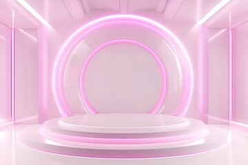 Obraz premium White Podium with Pink Neon Light Ring: Modern Design Studio Showcase for Product Presentation with Futuristic Geometric Shape