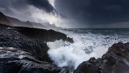 Fototapeta premium A dramatic stormy coastline with massive waves crashing against jagged black cliffs, creating a powerful, raw natural landscape.