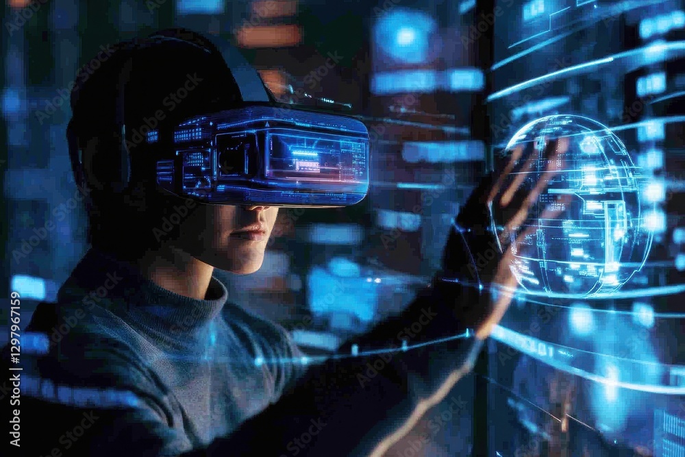 Poster exploring virtual reality with futuristic technology and immersive data visualizations in a modern s