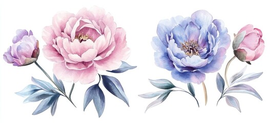 Watercolor pink and purple peonies with buds and leaves.