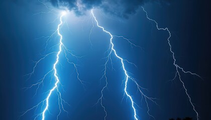 Blue lightning bolts illuminate dark sky during powerful storm, creating electrifying scene. Dramatic weather, natural power, vibrant energy. Ideal for weather forecasts, safety concepts. Stormy