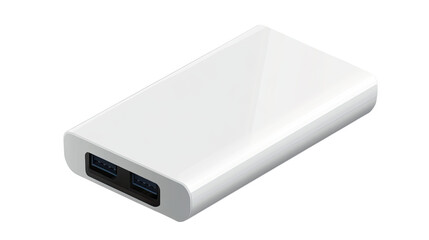 Fototapeta premium Modern Power Bank: A sleek, pristine white power bank, designed for portability and efficiency, rests on a solid surface.